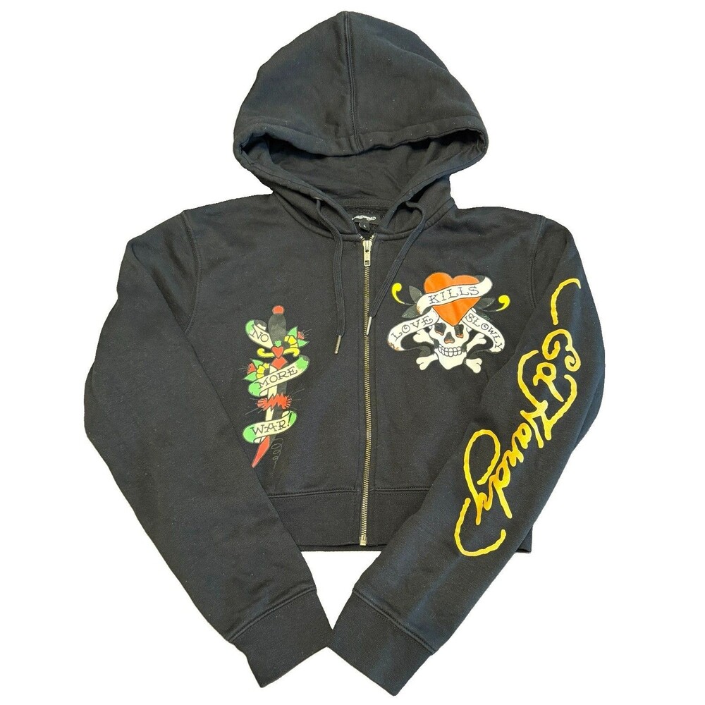 Ed Hardy Womens Love Kills Slowly Cropped Zip-Up Hoodie - Black - Size Large